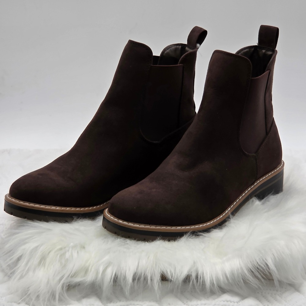 Kensie Khai Chelsea Boots Womens 8.5 Brown Excellent Faux Suede Lug Sole Ankle